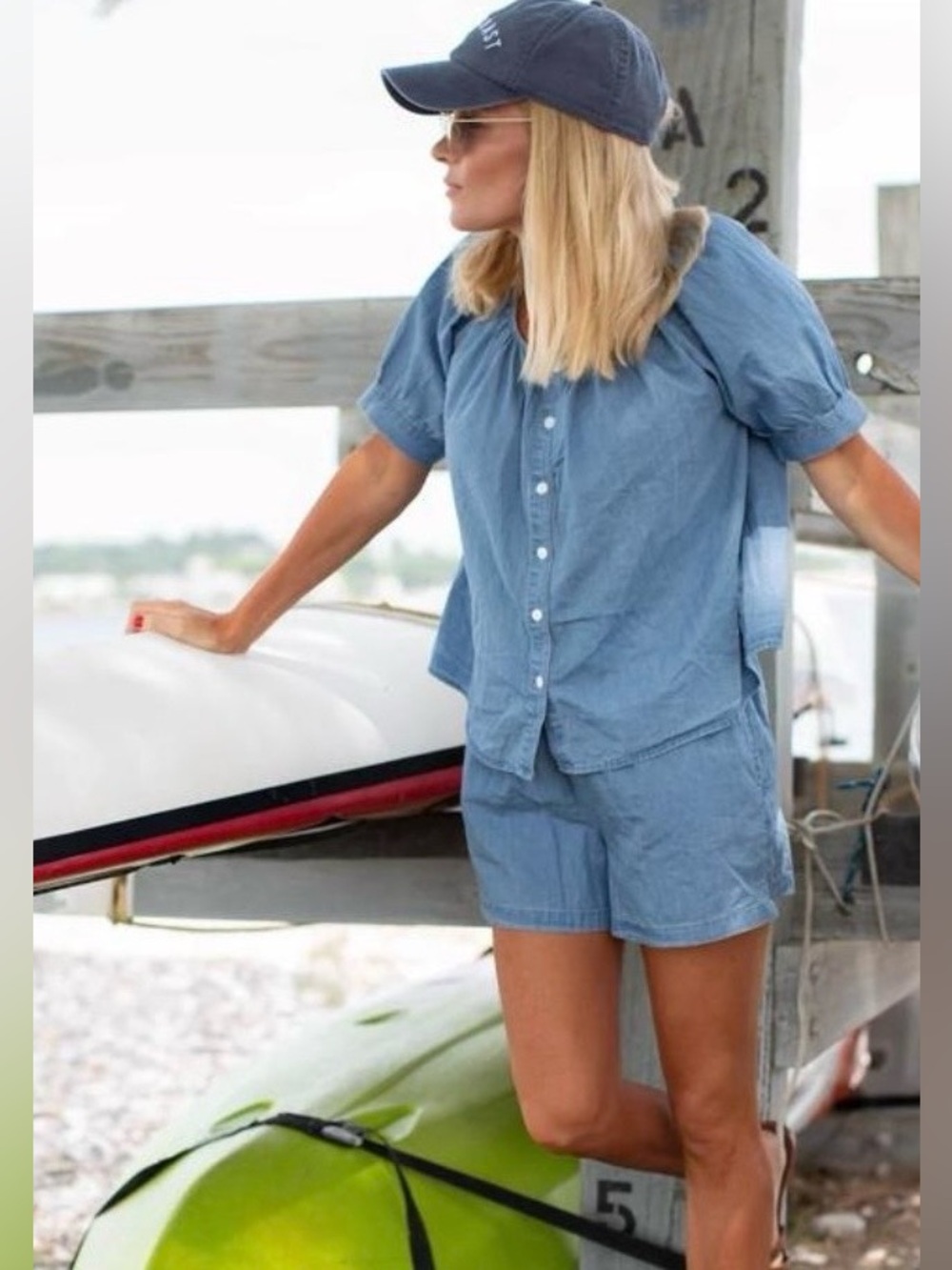 Marea by liz joy Chambray Everly Top XL Cotton Blouse Pouf sleeves